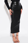 Black Vegan Faux Leather Ruched Detail Midi Skirt