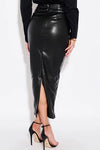 Black Vegan Faux Leather Ruched Detail Midi Skirt