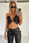Black Faux Leather Ruched Adjustable Tie Detail Top