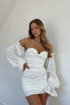 White Satin Ruched Off Shoulder Tie Sleeve Mini Dress