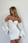 White Satin Ruched Off Shoulder Tie Sleeve Mini Dress