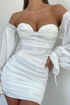 White Satin Ruched Off Shoulder Tie Sleeve Mini Dress