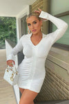 White Ruched Collared Long Sleeve Mini Dress