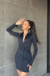 Black Collared Button Down Bodycon Shirt Dress