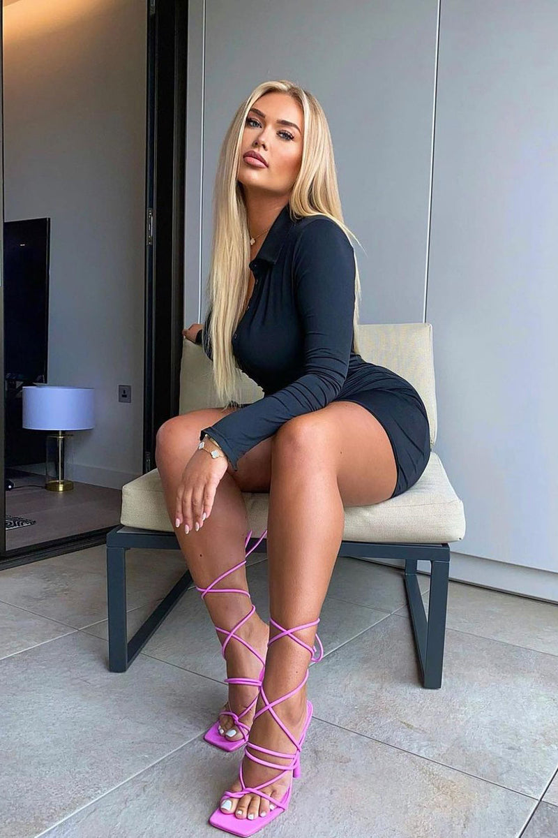 Black Collared Button Down Bodycon Shirt Dress