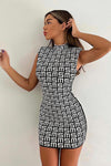 Black Monogram Geometric Print High Neck Mini Dress