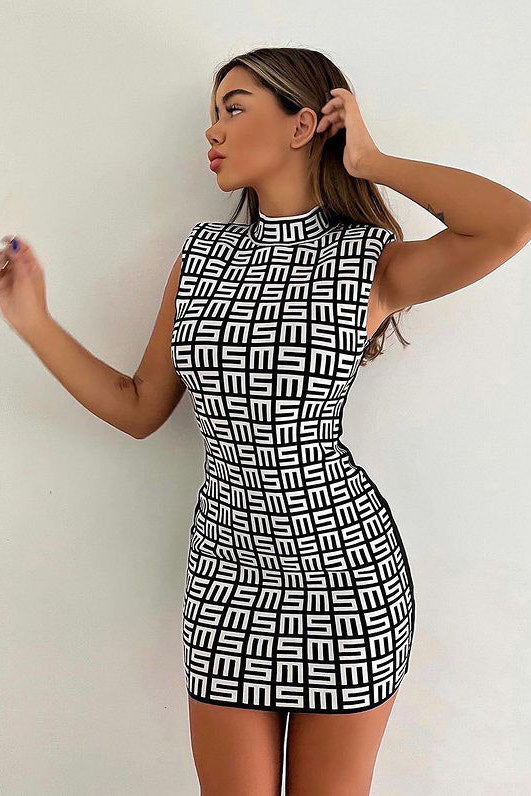 Black Monogram Geometric Print High Neck Mini Dress