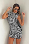Black Monogram Geometric Print High Neck Mini Dress