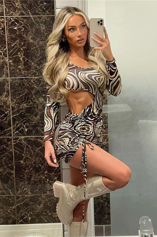 Brown Swirl Print Ruched Front Cut Out Mini Dress