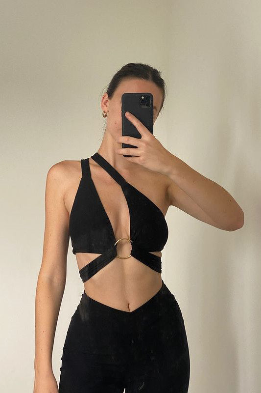 Black Ring Detail Multi Way Cross Over Halter Top