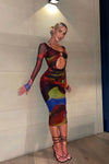Multi Print Mesh Cut Out Long Sleeve Midi Dress