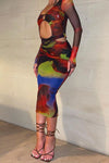 Multi Print Mesh Cut Out Long Sleeve Midi Dress