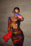 Multi Print Mesh Cut Out Long Sleeve Midi Dress