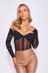 Black Mesh Bustier Off Shoulder Long Sleeve Bodysuit