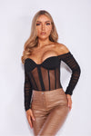 Black Mesh Bustier Off Shoulder Long Sleeve Bodysuit