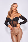 Black Mesh Bustier Off Shoulder Long Sleeve Bodysuit