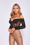 Black Mesh Bustier Off Shoulder Long Sleeve Bodysuit