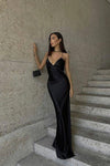 Black Satin Cowl Back Side Split Maxi Dress