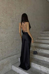 Black Satin Cowl Back Side Split Maxi Dress