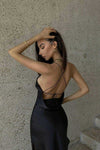 Black Satin Cowl Back Side Split Maxi Dress