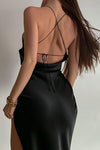 Black Satin Cowl Back Side Split Maxi Dress