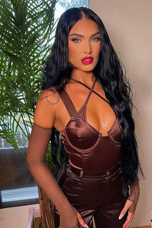 Chocolate Satin Cross Strap Bustier Bodysuit