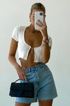 White Ribbed Split Front Chain Detail Crop Top