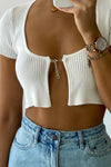 White Ribbed Split Front Chain Detail Crop Top