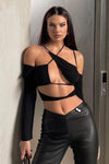 Black Slinky Cross Strap Cut Out Detail Crop Top