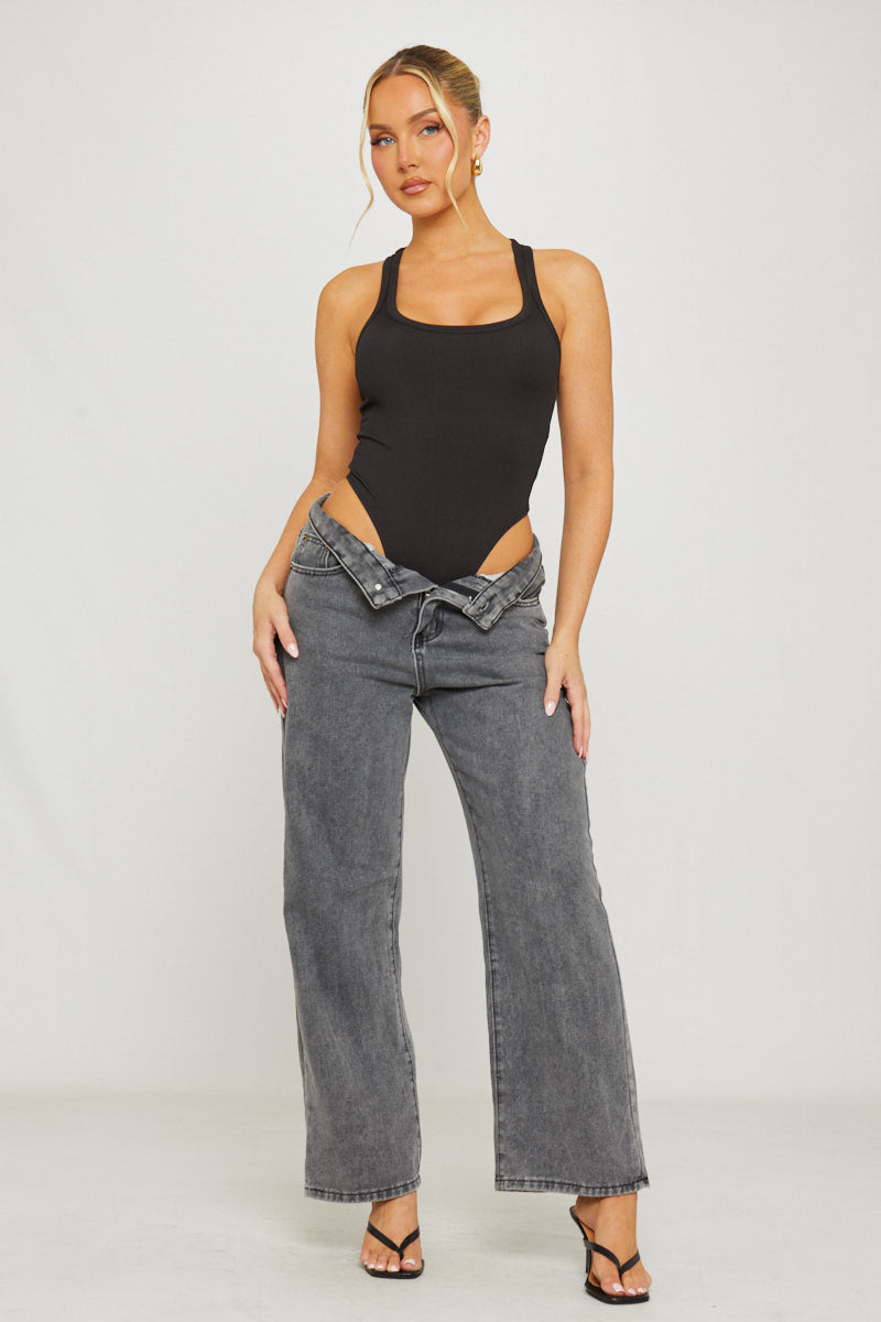 Black Ribbed Racer Back High Leg Bodysuit