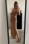 Tan Crochet Cut Out Side Split Maxi Dress