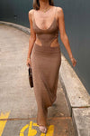 Tan Crochet Cut Out Side Split Maxi Dress