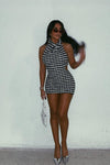 Black Tweed Print Cowl Neck Backless Mini Dress