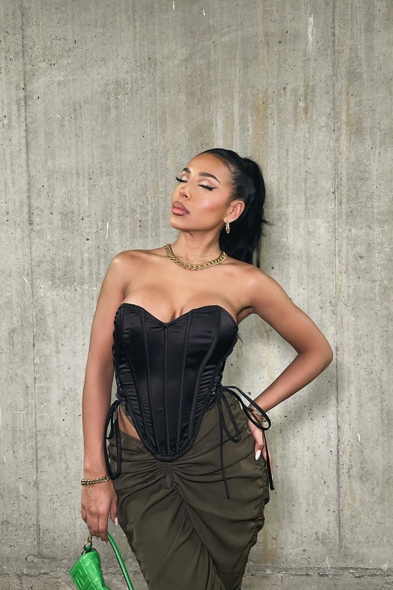 Black Satin Boned Bustier Lace Up Corset Crop Top