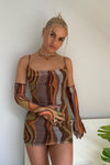 Brown Gradient Print Mesh Backless Mini Dress