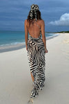 Zebra Print Cowl Neck Sheer Split Maxi Dress