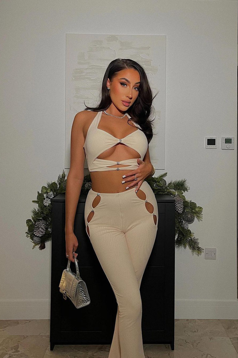Beige Diamante Cut Out Crop Top & Leggings Co-Ord