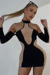 Black Sheer Mesh Panel Choker Mini Dress