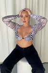 Zebra Print Mesh Bustier Long Sleeve Crop Top
