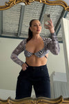 Zebra Print Mesh Bustier Long Sleeve Crop Top