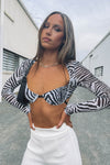 Zebra Print Mesh Bustier Long Sleeve Crop Top