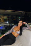 Zebra Print Mesh Bustier Long Sleeve Crop Top