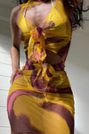 Yellow Mesh Swirl Print Sleeveless Mini Dress