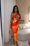 Orange Ombre Print Halterneck Cut Out Midi Dress