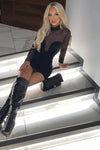 Black Mesh Panel High Neck Mini Dress