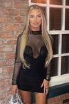 Black Mesh Panel High Neck Mini Dress