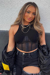Black Mesh Panel Corset Boned Crop Top