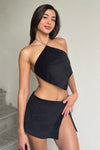 Black Corduroy Asymmetric Halter Crop Top & Mini Skirt