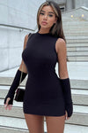 Black Ribbed Sleeveless Mini Dress With Sleeves