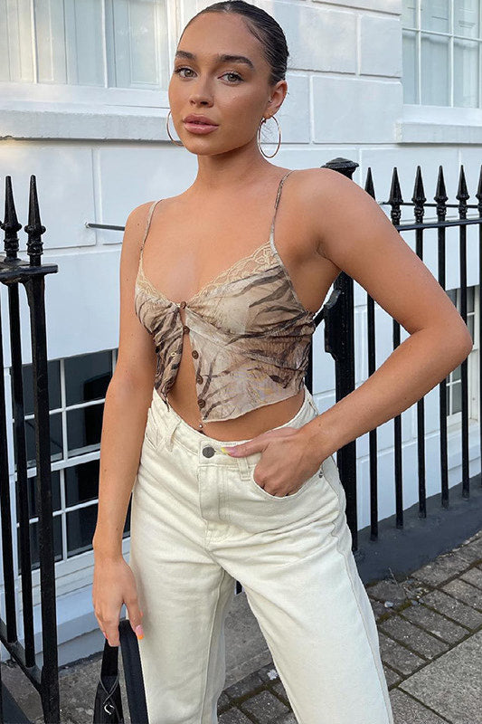 Brown Tiger Print Sheer Lace Trim Crop Top